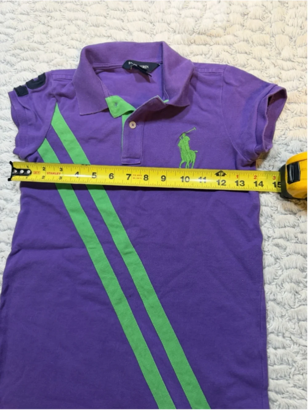 Ralph Lauren Girls Striped Polo Shirt Purple/Green Short Sleeve Logo M 8/10